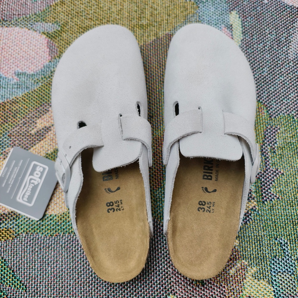 Women's White Suede Birkenstock Boston Shoes - Narrow Fit - Picture 2 of 8